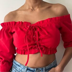 Red Off-Shoulder Lace-Up Top